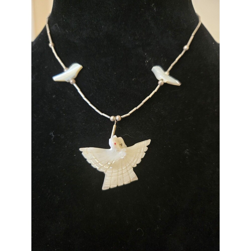 Vintage Native American Carved Mother of Pearl Bird Silver Tone Necklace